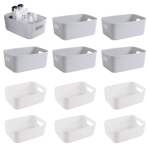 GAOHAN 12Pcs Plastic Storage Basket with Handles, Plastic Storage Boxes Small,Mini Storage Boxes Rectangle,for Shelves, Kitchen, Office, Fridge,