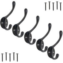 EDUWURXS Heavy-Duty Cast Iron Coat Hooks Pack of 5 Wall-Mounted Hooks for Hanging Clothes Towels Coats, Rustic Vintage Design in Black Finish for