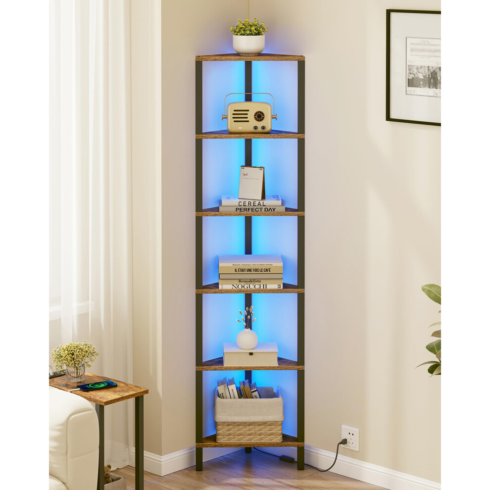 Tutotak Corner Shelf With Led Light, 6-Tier Corner Bookshelf For Small Space, Narrow Display Corner Shelf Stand With Storage Rack, For Living Room,
