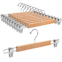 Amber Home 36cm Natural Wooden Pants Hangers 10pcs, Smooth Wood Skirt Hanger Organizer with Adjustable Anti-Slip Chrome Clips, Space Saving Solid