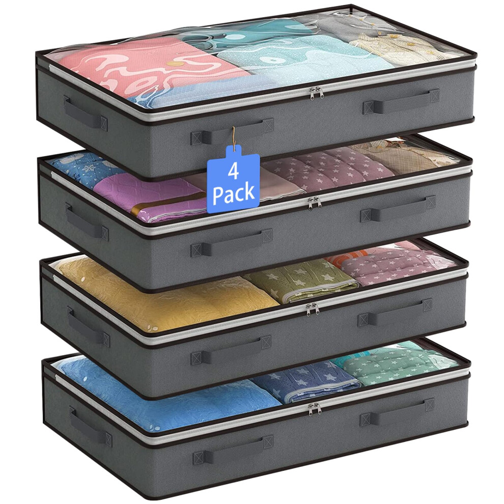 Flow Fire Under Bed Storage Bag With Zip, 4 Pack 90L Large Capacity Under Bed Storage Box With Lid, Foldable Clear Underbed Storage Bags Organiser For
