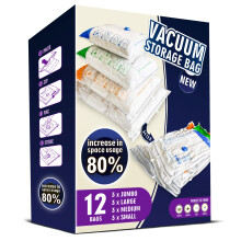Storage Master Space Saver Bags for Travel and Home Reusable Vacuum Storage Bags Save 80% More Storage Space Work with Vacuum Cleaner (12 Pack, No