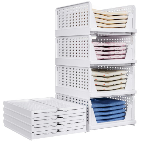 TidyIsles 8 Pack Plastic Folding Closet Stackable Storage Basket Closet Storage White