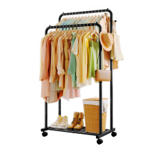 Sakugi Clothes Rail - Double-Rod Rustproof Clothes Rack with Anti-Slip Stoppers, Shoes Shelf and Hooks, Multifunctional Hanging Rack for Laundry,