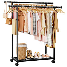 Sakugi Clothes Rail - Double Rod Clothes Rack with Fixed Extension Rod & Universal Wheels, Clothing Rail with Built-In Shelf for Closet Organizers and