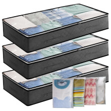 Underbed Storage Bag 3Pack 90L Large Under Bed Storage Box with 4 x Large Zip lock Bags with PVC Window for Clothes, Duvets, Comforters, Blankets,