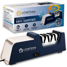 Three Stage Diamond Electric Knife Sharpener with 100% Diamond Abrasives. 15? Precision Angle Guides with 350 Grit, 600 Grit and 1000 grit for a