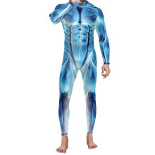 Macacão masculino de Halloween com estampa digital 3D de ossos e músculos, ideal para dormir ou como peça única em festas de Halloween.