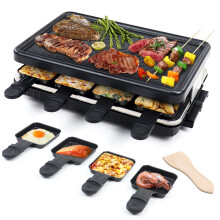 Raclette Grill 8 People Non-Stick Coating Electric Grill Machine with 8 Mini Raclette Pans and 4 Wooden Spatulas for Indoor Use