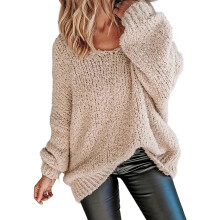 (XXL, Khaki) Women's Autumn Loose Sweater Solid Color Long Sleeve Round Neck Plus Size Knitwear Pullover