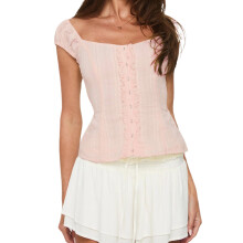 (S, Pink) Chemises à boutons pour femmes, manches courtes, col en cœur, couleurs unies, blouses d'été