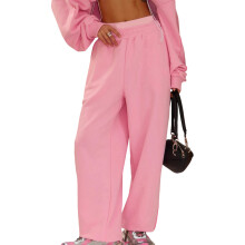 (L, Pink) Dames effen baggy joggingbroek, casual met elastische taille, wijde pijpen, sportbroek met zakken. Losse broek.