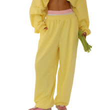 (S, Yellow) Dames effen baggy joggingbroek, casual met elastische taille, wijde pijpen, sportbroek met zakken. Losse broek.