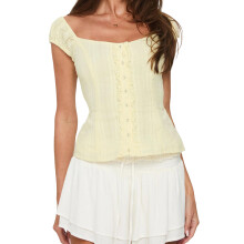 (S, Yellow) Chemises à boutons pour femmes, manches courtes, col en cœur, couleurs unies, blouses d'été