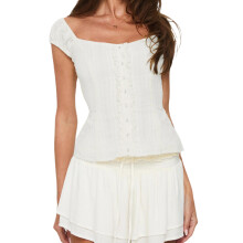 (S, White) Chemises à boutons pour femmes, manches courtes, col en cœur, couleurs unies, blouses d'été
