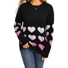 (XL, Black) Női őszi-téli kötött pulóver, hosszú ujjú, kerek nyakú, szívmintás, kötött felsők