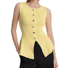 (S, Yellow) Women's Knit Tank Tops Sleeveless Crew Neck Solid Color Ribbed Slim Button Down Vest