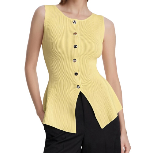 (S, Yellow) Débardeur en maille ajustée, boutonné