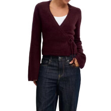 (S, Burgundy) Women's V Neck Cardigan Fashionable Solid Color Long Sleeve Side Tie Up Loose Sweater