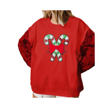 (S, Red) Pull de Noël pour femme, manches longues, col rond, sequins, motif canne à sucre