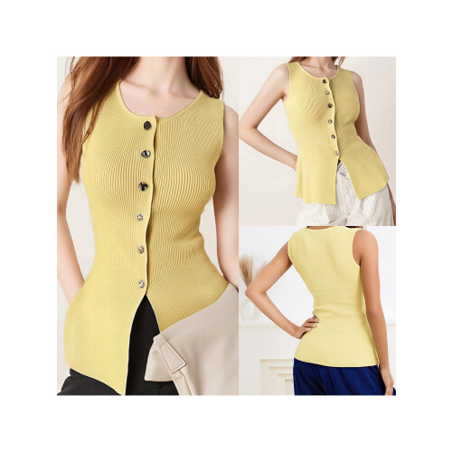 (S, Yellow) Débardeur en maille ajustée, boutonné 1