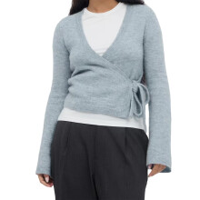 (S, Blue) Women Tie Front Wrap Cardigan Solid V Neck Long Sleeve Crop Knit Sweater Casual Fall Clothes