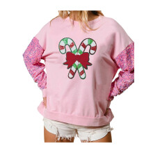 (M, Pink) Pull de Noël pour femme, manches longues, col rond, sequins, motif canne à sucre