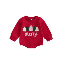 (0-3 Months, Red) Combinaison de Noël pour filles et garçons, manches longues, col rond, broderie sapin de Noël, barboteuse