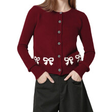(S, Burgundy) Women's Crew Neck Knit Cardigan Long Sleeve Bow Print Ribbed Hem Button Down Sweater Outwear