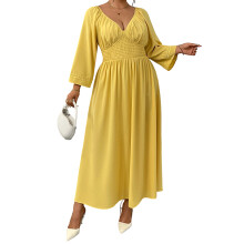 (XL, Yellow) Dámské dlouhé šaty pro větší velikosti, jednobarevné, s dlouhým rukávem, áčkovým pasem, jaro/podzim