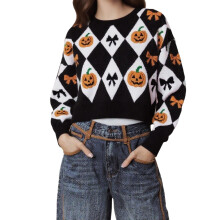 (M, Black) Női őszi, kerek nyakú, hosszú ujjú, tökmintás, crop felsők Halloweenre