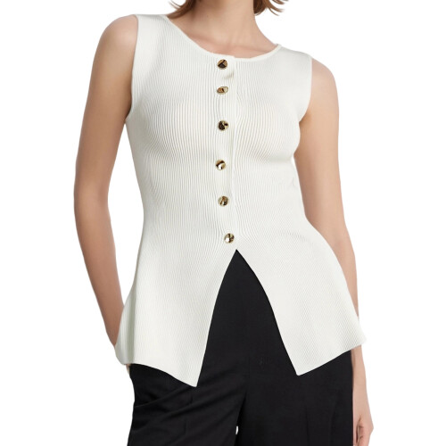 (M, White) Débardeur en maille ajustée, boutonné 1