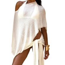 (One Size, White) Women's Sheer Ponchos Off Shoulder Solid Color Asymmetrical Shaw Wrap T-Shirts Oversized Knit Tops