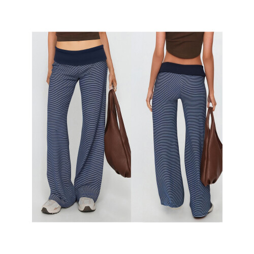 (S, Dark Blue) Γυναικείο παντελόνι ρίγες, ίσιο, streetwear 1