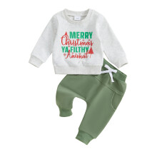 (0-6 Months, Army Green) Weihnachtsoutfit für Jungen: Langarm-Sweatshirt mit Schneeflocken- und Buchstabenprint + Hose, Kleinkinderkleidung