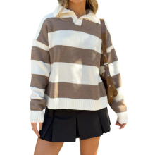 (S, Light Brown) Pull en maille rayée à manches longues et col rabattu pour femme, automne-hiver