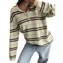 (M, Light Yellow) Womens Fall Winter Knit Tops Loose Fit Casual Stylish Striped Ribbed Trim Long Sleeve Collared Sweater