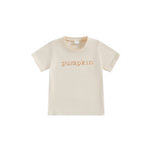 (4-5 Years, Apricot Pumpkin) Magliette per bambini e bambine, alla moda, a maniche corte, girocollo, con stampa di lettere, per l'autunno.