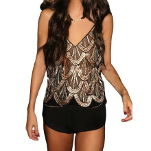 (M, Gold) Débardeur à bretelles spaghetti et sequins pour femme, col en V, style streetwear.