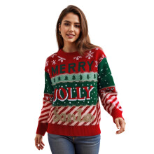 (S, Red) Women's Christmas Knit Sweater Long Sleeve Round Neck Letter Snowflake Print Knitwear Tops