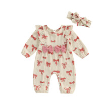 (1-3 Months, Beige) Combinaison bébé fille à imprimé nœud papillon, col rond, manches longues, vêtements d'automne, body avec bandeau