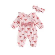 (3-6 Months, Pink) Combinaison bébé fille à imprimé nœud papillon, col rond, manches longues, vêtements d'automne, body avec bandeau