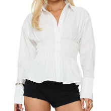 (L, White) Női ing, hosszú ujjú ing, gombos, rakott, egyszínű, elegáns blúz, őszi felsők