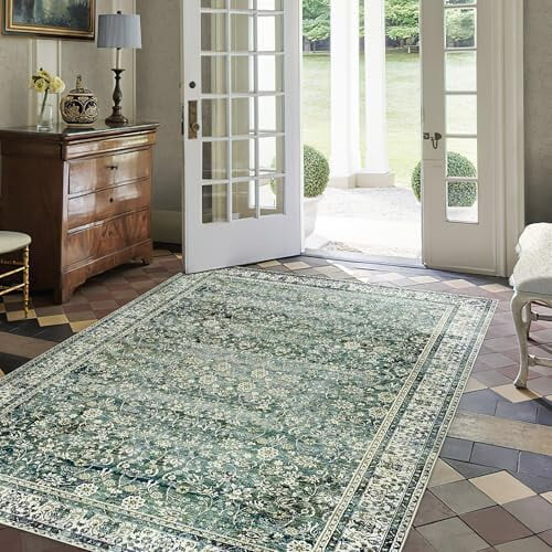Dark Green Boho Front Door Mat 4x6 ft