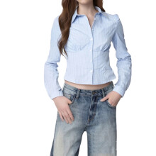(M, Light Blue) Chemise rayée d'automne femme, chemisier manches longues tendance, col revers, coupe ajustée