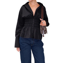 (L, Black) Chemise femme, chemise à manches longues boutonnée plissée unie élégante, tops d'automne