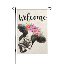 Bandiera da giardino in iuta con corona floreale e mucca, 30 x 45 cm, bifacciale, per esterni.