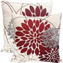 Weinrote Dekokissenbezüge (50 x 50 cm), modernes Landhaus-Design, geometrisches Blumenmuster, Leinen, quadratisch, 2er-Set