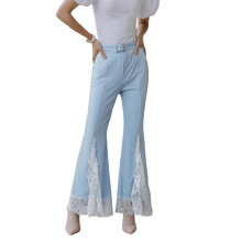(M, Blue) Damesbroek met kanten flared pijpen, modieus, veelzijdig en casual, hoge taille en wijde pijpen, met riem.