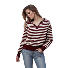 (S, Burgundy) Women Hooded Sweater, Knit Top Long Sleeve Striped Zipped Fall Tops for Casual Daily